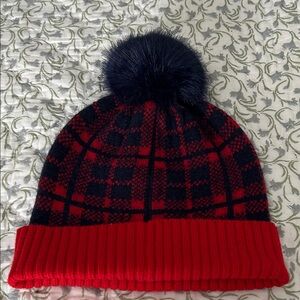 Draper James Red and Navy Plaid Pom-Pom Beanie